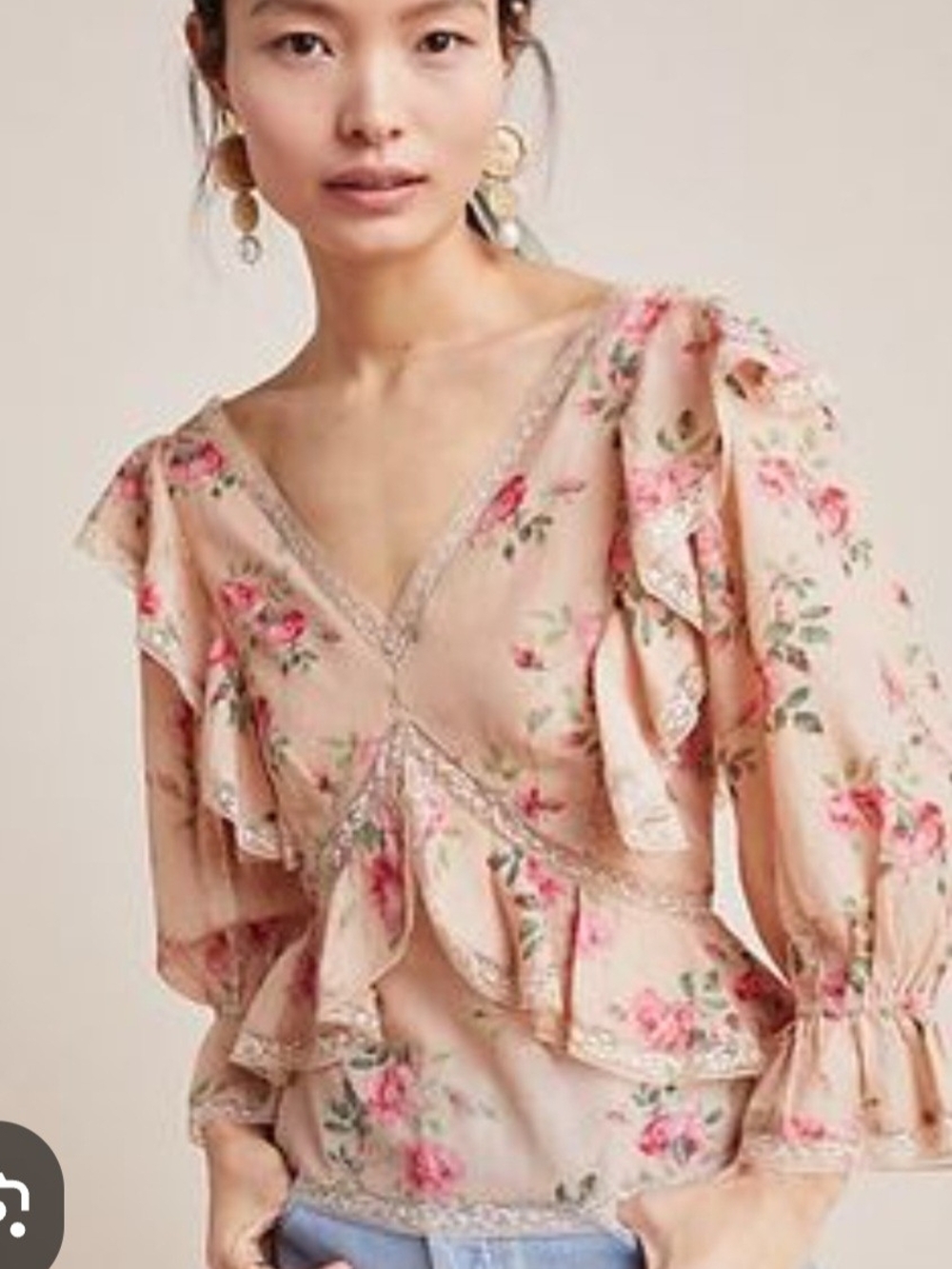 Love Sam Cream/peach Floral Ruffle V-Neck Peplum Blouse Small